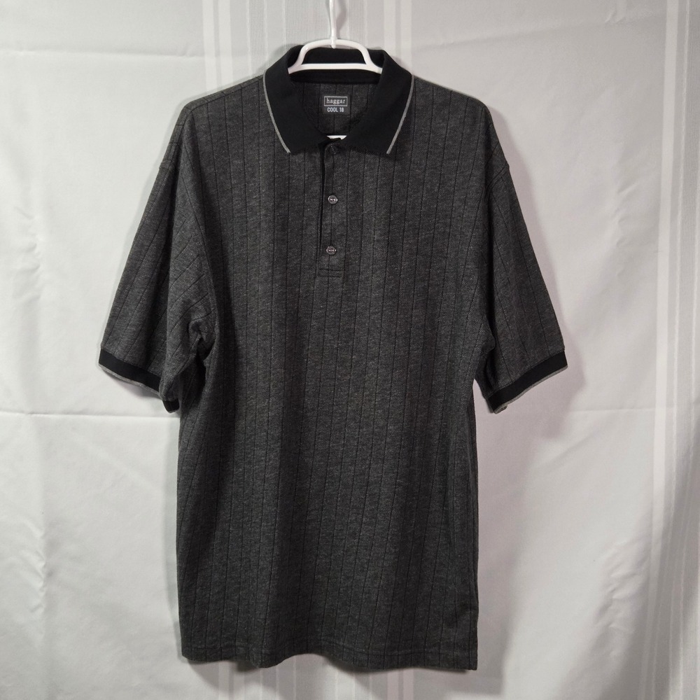 Haggar Polo Shirt Mens L Gray Cool 18 Herringbone Knit Short Sleeve Golf Top